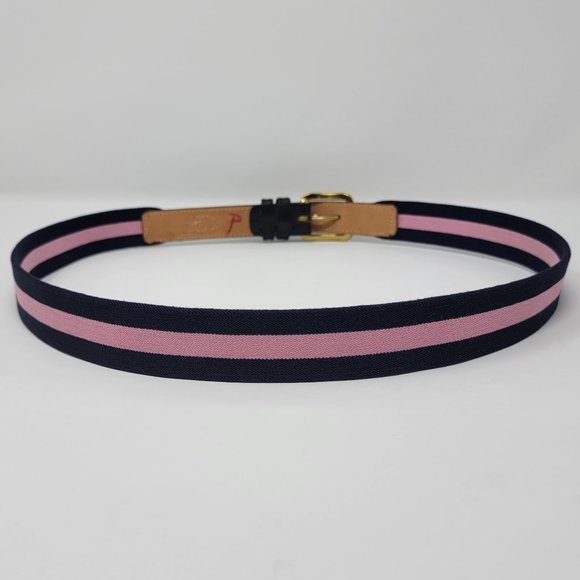 Vintage Lacoste Alligator Navy Blue and Pink Stripe Elastic Leather Belt - Picture 7 of 12